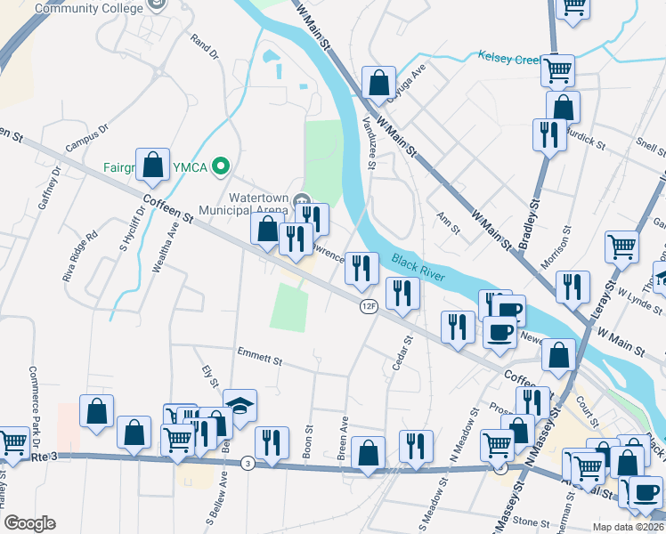 map of restaurants, bars, coffee shops, grocery stores, and more near 722 Coffeen Street in Watertown
