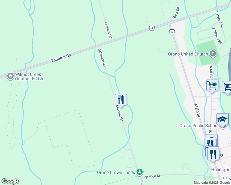 map of restaurants, bars, coffee shops, grocery stores, and more near 5781 Ochonski Road in Clarington