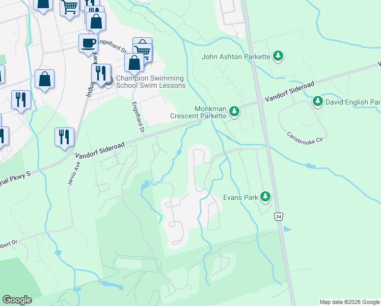 map of restaurants, bars, coffee shops, grocery stores, and more near 48 Stonecliffe Crescent in Aurora