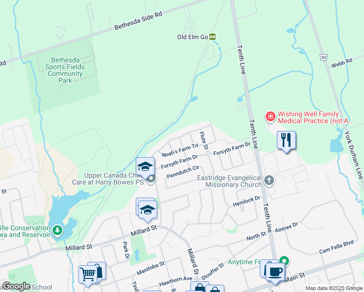 map of restaurants, bars, coffee shops, grocery stores, and more near 63 Drum Street in Whitchurch-Stouffville