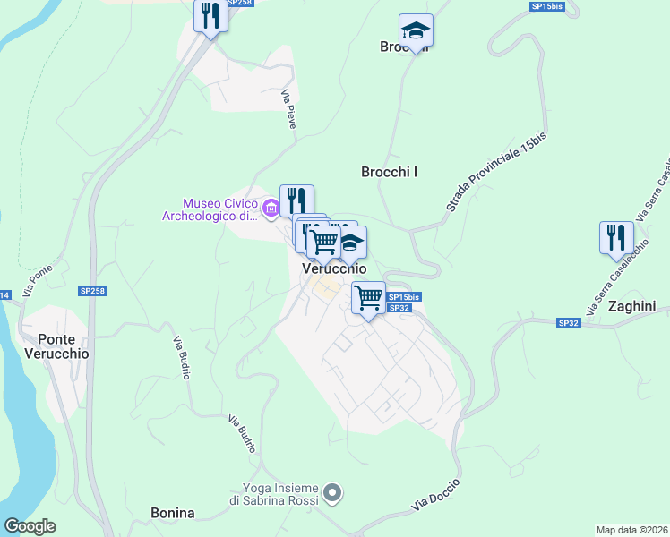 map of restaurants, bars, coffee shops, grocery stores, and more near Via Rocca in Verucchio