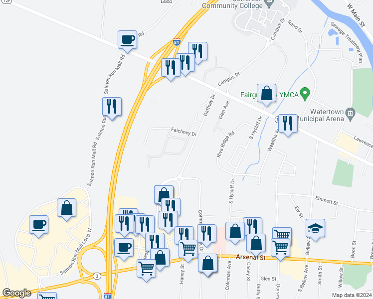 map of restaurants, bars, coffee shops, grocery stores, and more near 295 Gaffney Drive in Watertown