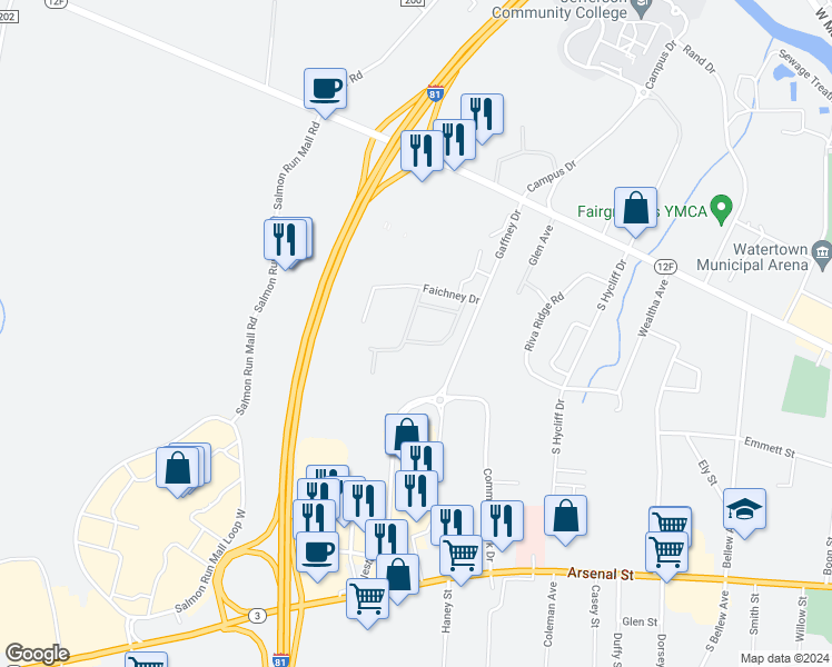 map of restaurants, bars, coffee shops, grocery stores, and more near 1229 Faichney Drive in Watertown