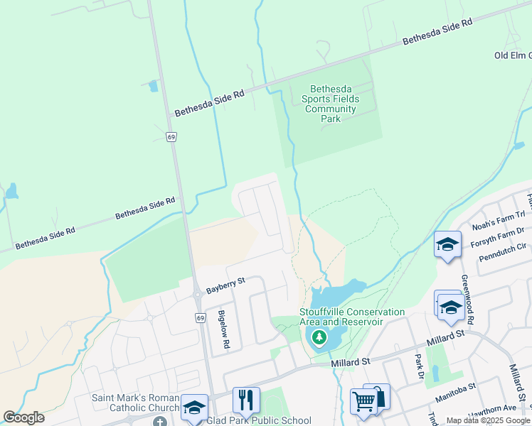 map of restaurants, bars, coffee shops, grocery stores, and more near 63 Suttonrail Way in Whitchurch-Stouffville
