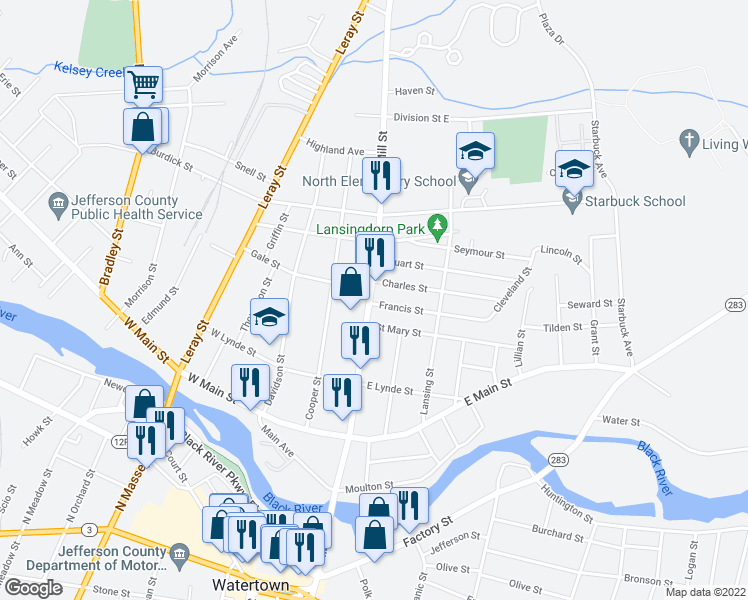 map of restaurants, bars, coffee shops, grocery stores, and more near 700 Mill Street in Watertown
