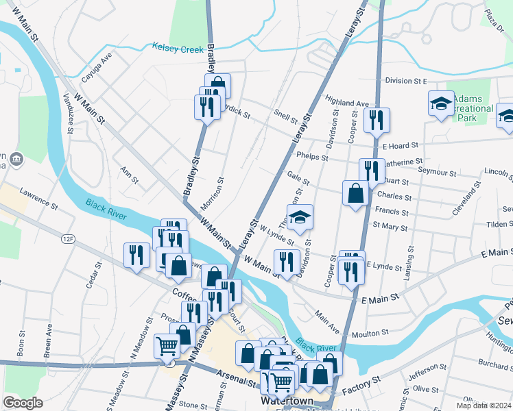 map of restaurants, bars, coffee shops, grocery stores, and more near 631 Leray Street in Watertown
