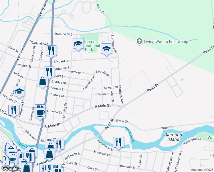 map of restaurants, bars, coffee shops, grocery stores, and more near 415 Seward Street in Watertown
