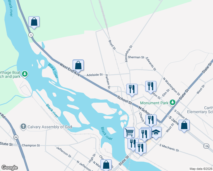 map of restaurants, bars, coffee shops, grocery stores, and more near 622 West End Avenue in Carthage