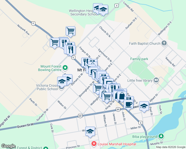 map of restaurants, bars, coffee shops, grocery stores, and more near 236 Main Street North in Mount Forest