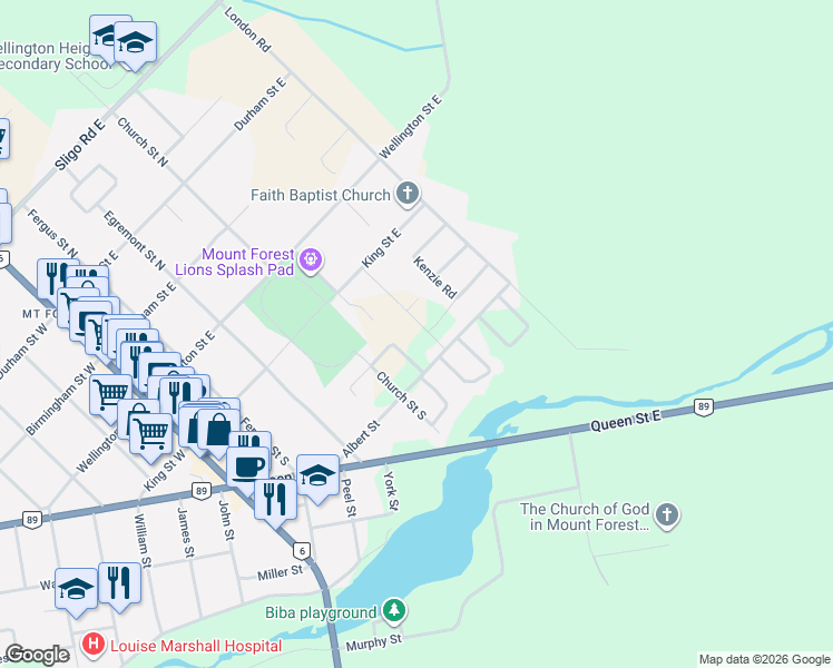 map of restaurants, bars, coffee shops, grocery stores, and more near 284 Forest Glen Crescent in Mount Forest