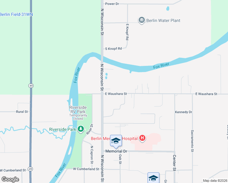 map of restaurants, bars, coffee shops, grocery stores, and more near 134 East Waushara Street in Berlin