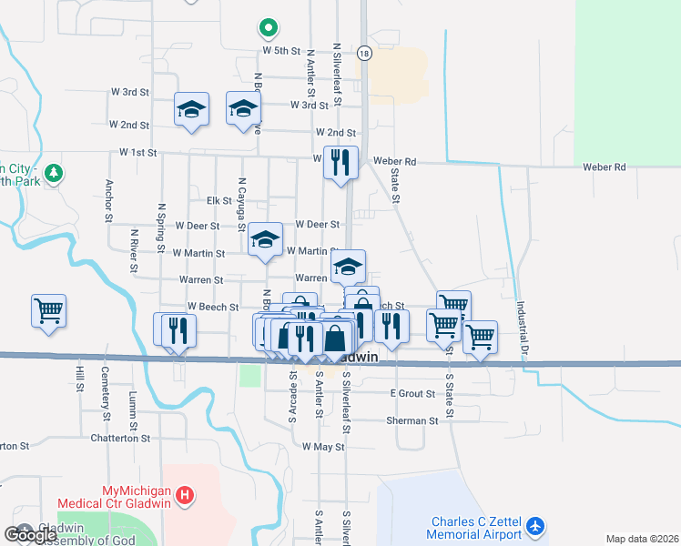 map of restaurants, bars, coffee shops, grocery stores, and more near North Antler Street in Gladwin