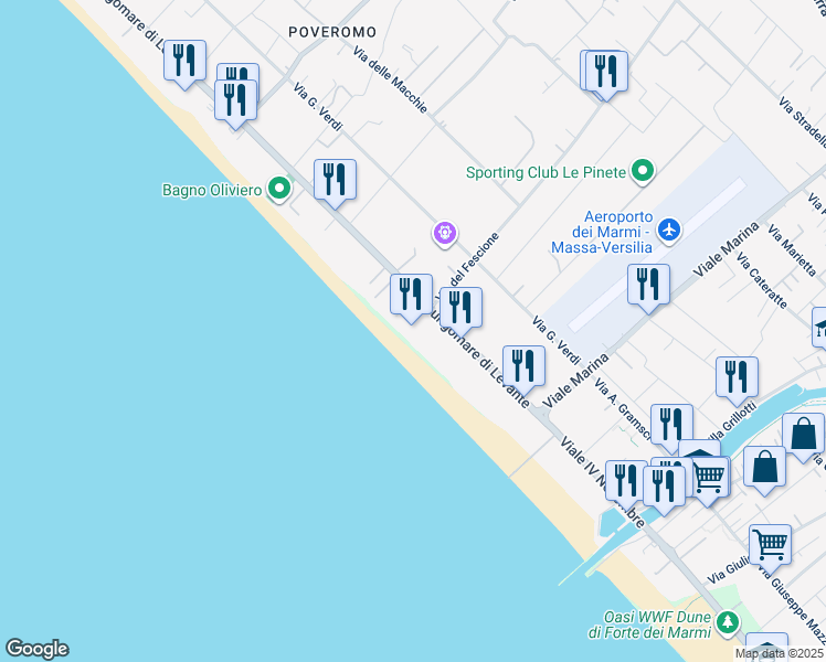 map of restaurants, bars, coffee shops, grocery stores, and more near 196 Lungomare di Levante in Massa