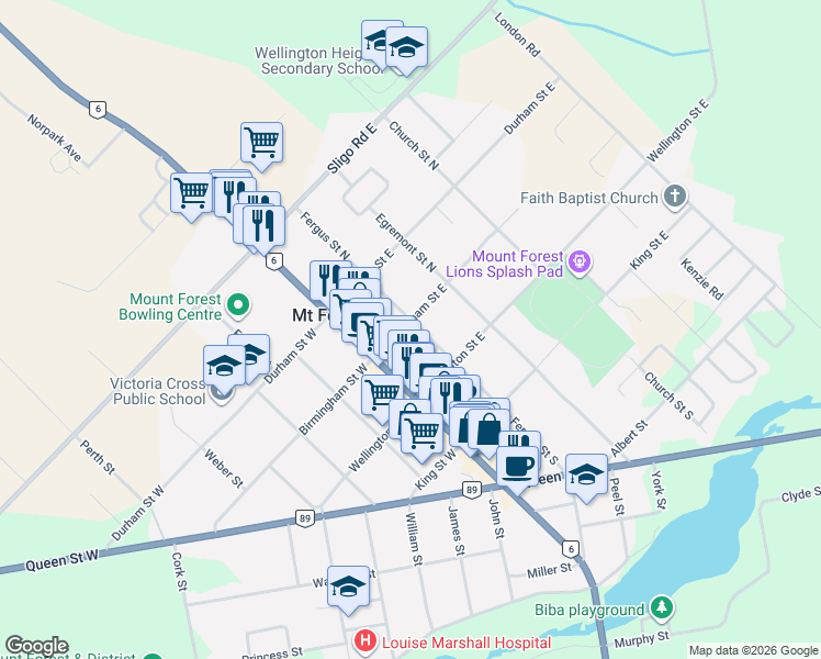 map of restaurants, bars, coffee shops, grocery stores, and more near 196 Birmingham Street East in Mount Forest