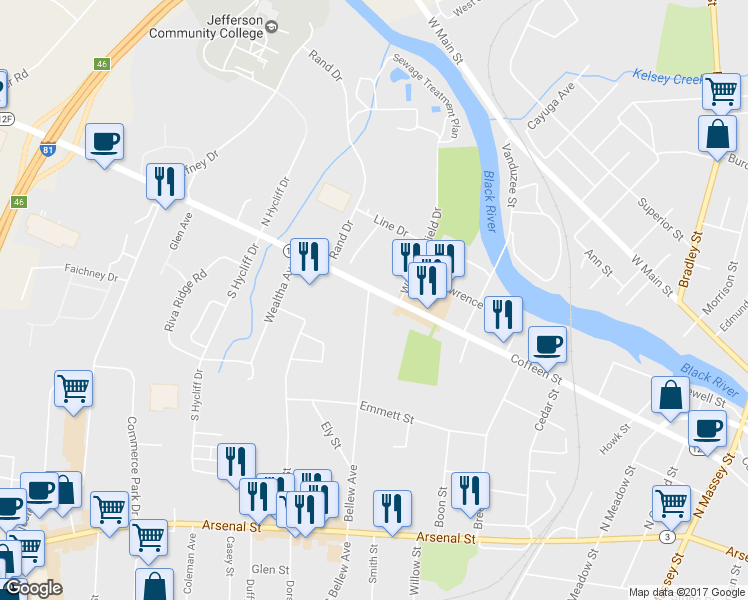 map of restaurants, bars, coffee shops, grocery stores, and more near 891 Coffeen Street in Watertown