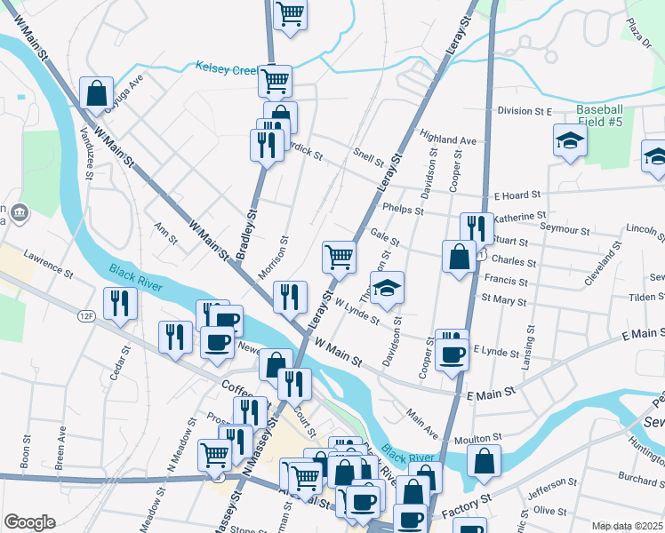 map of restaurants, bars, coffee shops, grocery stores, and more near 679 Leray Street in Watertown
