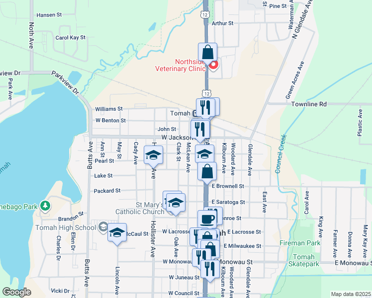 map of restaurants, bars, coffee shops, grocery stores, and more near 303 Clark Street in Tomah