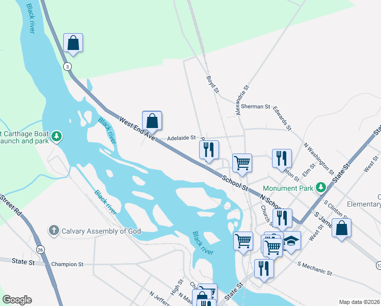 map of restaurants, bars, coffee shops, grocery stores, and more near 609 Adelaide Street in Carthage