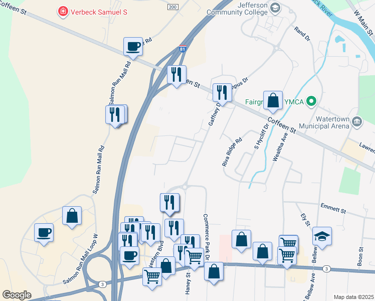 map of restaurants, bars, coffee shops, grocery stores, and more near 1205 Faichney Drive in Watertown