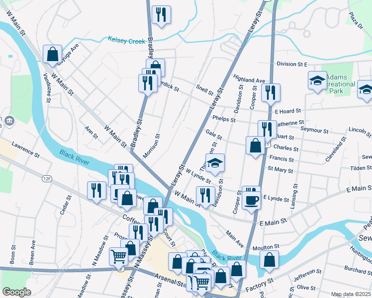 map of restaurants, bars, coffee shops, grocery stores, and more near 647 Leray Street in Watertown