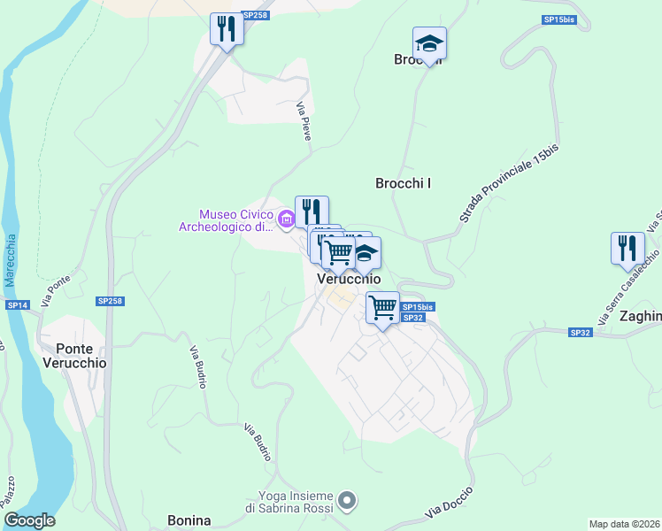 map of restaurants, bars, coffee shops, grocery stores, and more near Via Rocca in Verucchio