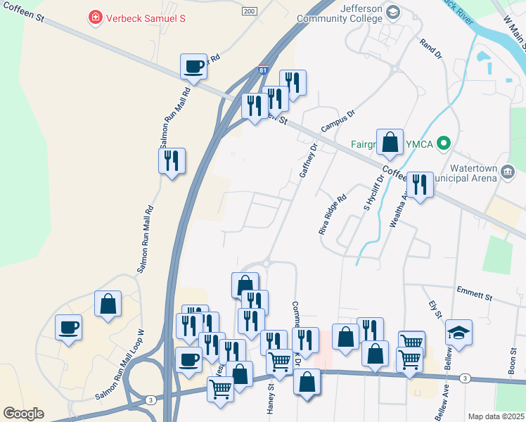 map of restaurants, bars, coffee shops, grocery stores, and more near 1269 Coffeen Street in Watertown