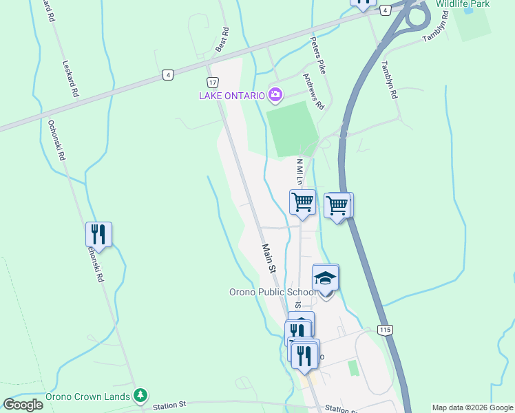 map of restaurants, bars, coffee shops, grocery stores, and more near 5719 Main Street in Clarington