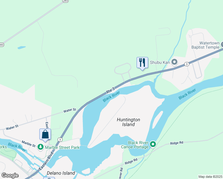 map of restaurants, bars, coffee shops, grocery stores, and more near 25393 Route 3 in Watertown