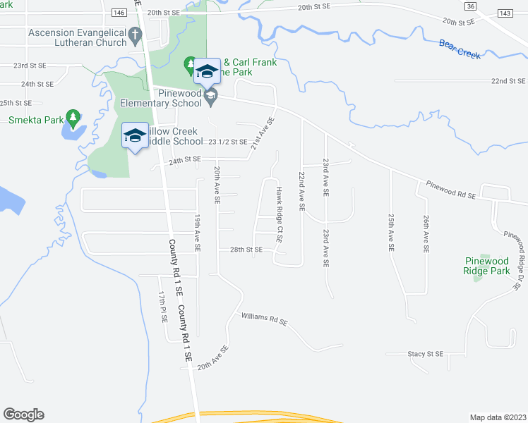 map of restaurants, bars, coffee shops, grocery stores, and more near 2585 Hawk Ridge Court Southeast in Rochester