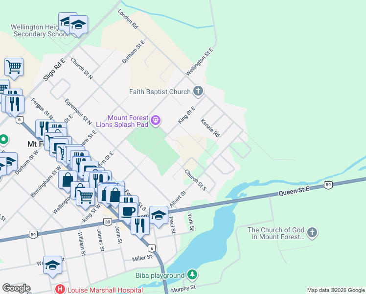 map of restaurants, bars, coffee shops, grocery stores, and more near 544 Newfoundland Street in Mount Forest