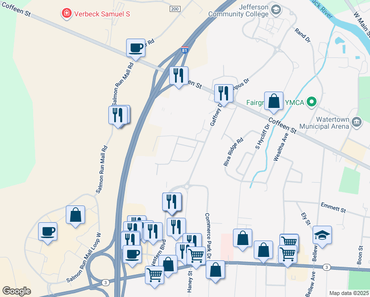 map of restaurants, bars, coffee shops, grocery stores, and more near 1205 Faichney Drive in Watertown