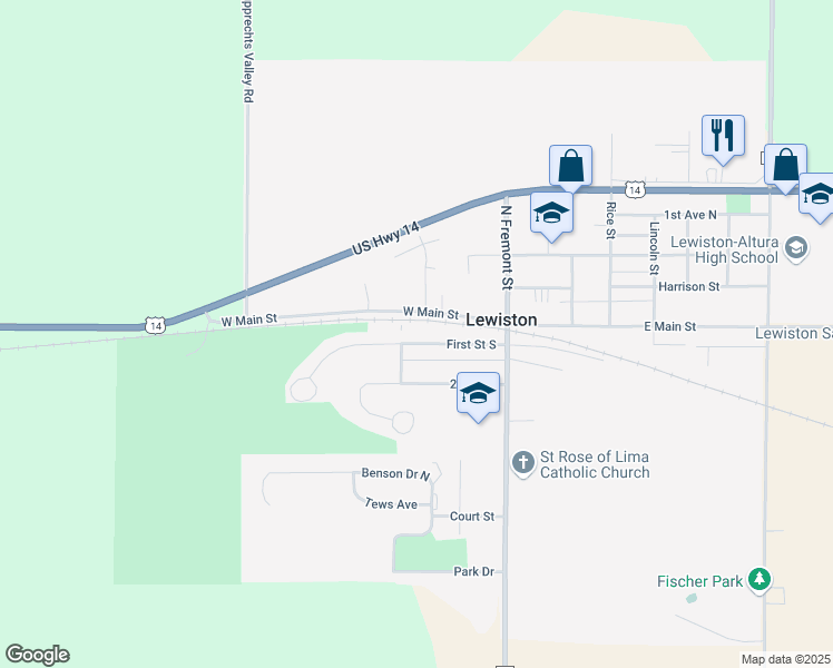 map of restaurants, bars, coffee shops, grocery stores, and more near 120 West Main Street in Lewiston