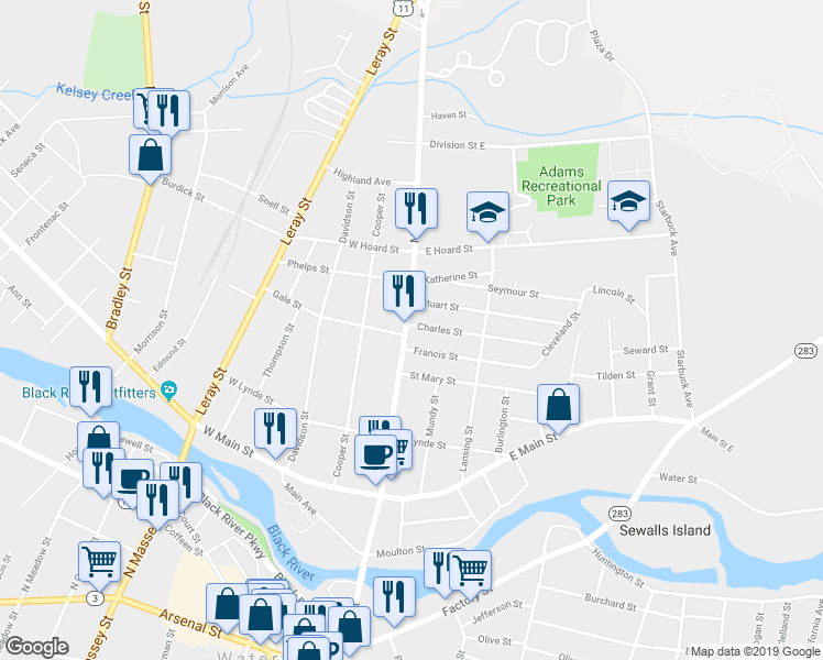 map of restaurants, bars, coffee shops, grocery stores, and more near 716 Mill Street in Watertown