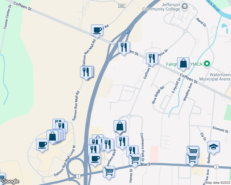 map of restaurants, bars, coffee shops, grocery stores, and more near 1291 Faichney Drive in Watertown