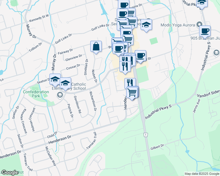 map of restaurants, bars, coffee shops, grocery stores, and more near Davis Road in Aurora