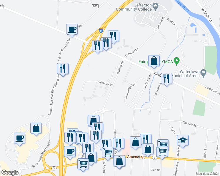 map of restaurants, bars, coffee shops, grocery stores, and more near 1205 Faichney Drive in Watertown