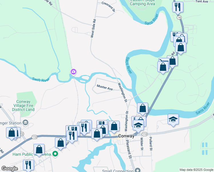 map of restaurants, bars, coffee shops, grocery stores, and more near 206 Hillside Avenue in Conway