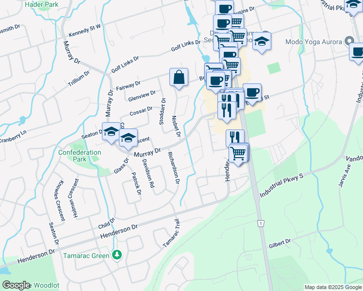 map of restaurants, bars, coffee shops, grocery stores, and more near 73 Murray Drive in Aurora