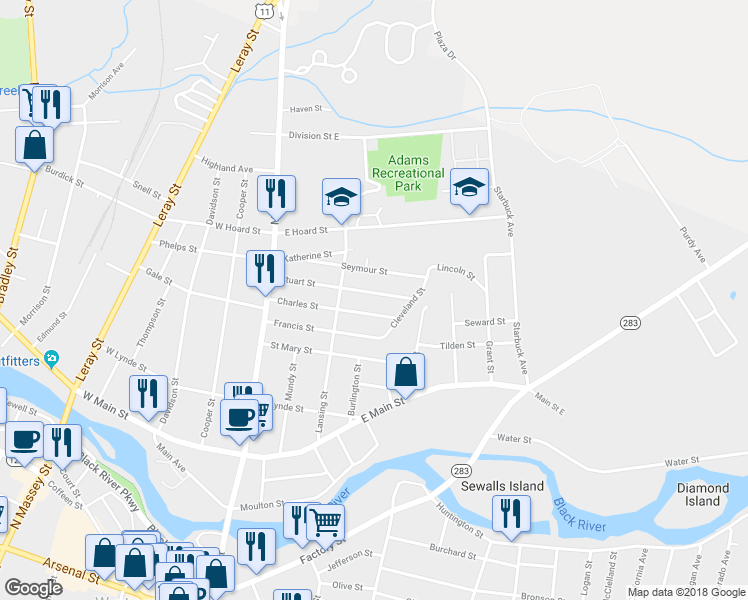 map of restaurants, bars, coffee shops, grocery stores, and more near 232 Stuart Street in Watertown