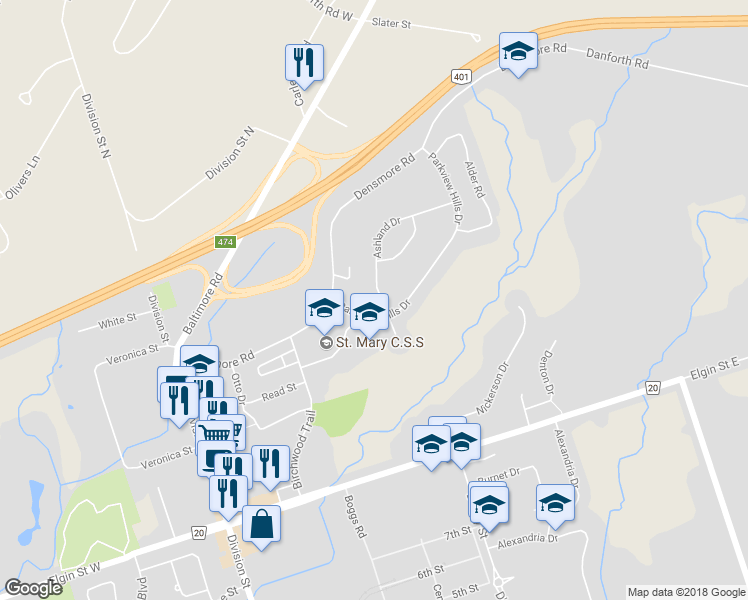 map of restaurants, bars, coffee shops, grocery stores, and more near 1165 Ashland Drive in Cobourg