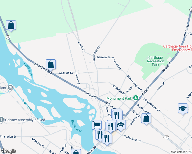map of restaurants, bars, coffee shops, grocery stores, and more near 722 Alexandria Street in Carthage