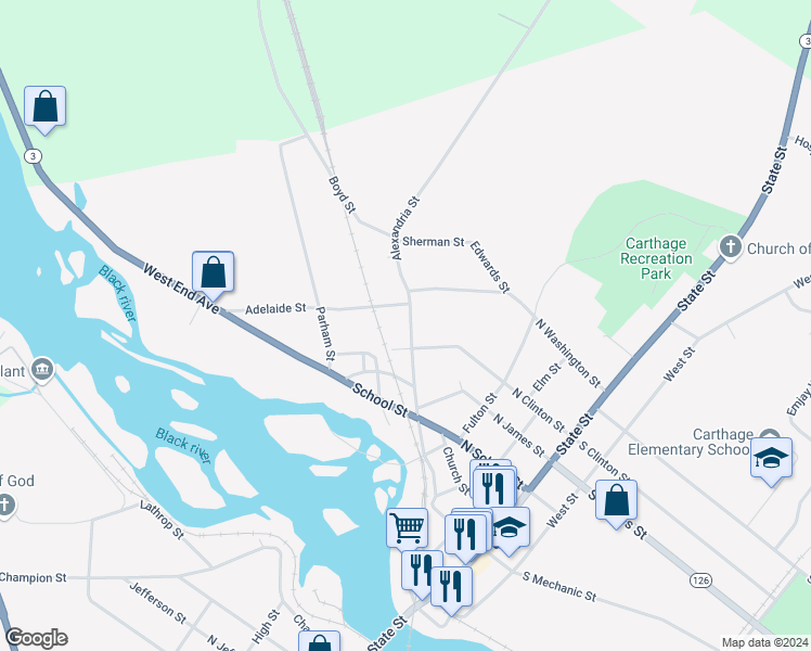 map of restaurants, bars, coffee shops, grocery stores, and more near 717 Alexandria Street in Carthage
