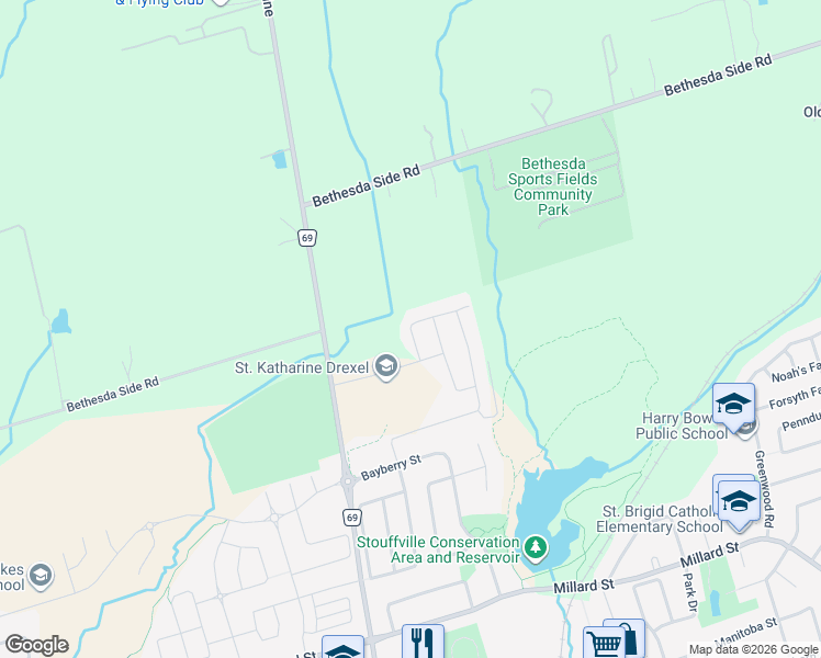 map of restaurants, bars, coffee shops, grocery stores, and more near 106 Conductor Avenue in Whitchurch-Stouffville