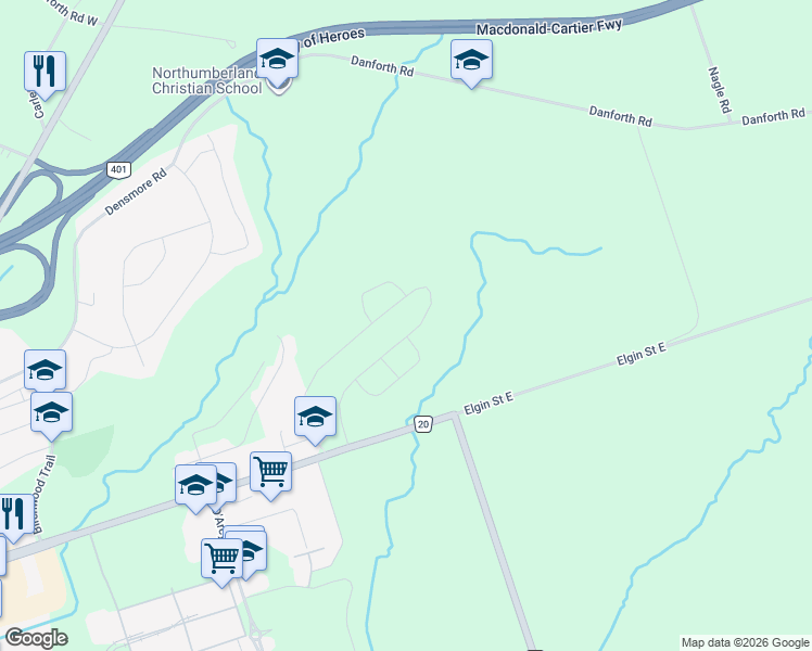 map of restaurants, bars, coffee shops, grocery stores, and more near Denton Drive in Cobourg