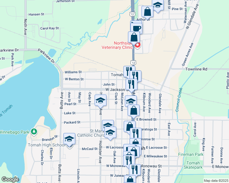 map of restaurants, bars, coffee shops, grocery stores, and more near 303 Clark Street in Tomah