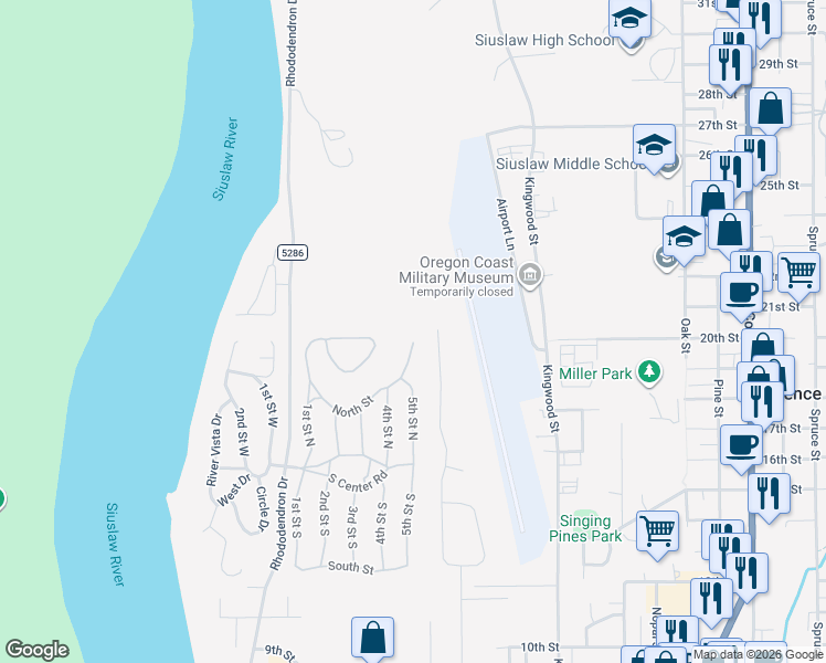 map of restaurants, bars, coffee shops, grocery stores, and more near 1600 Rhododendron Drive in Florence