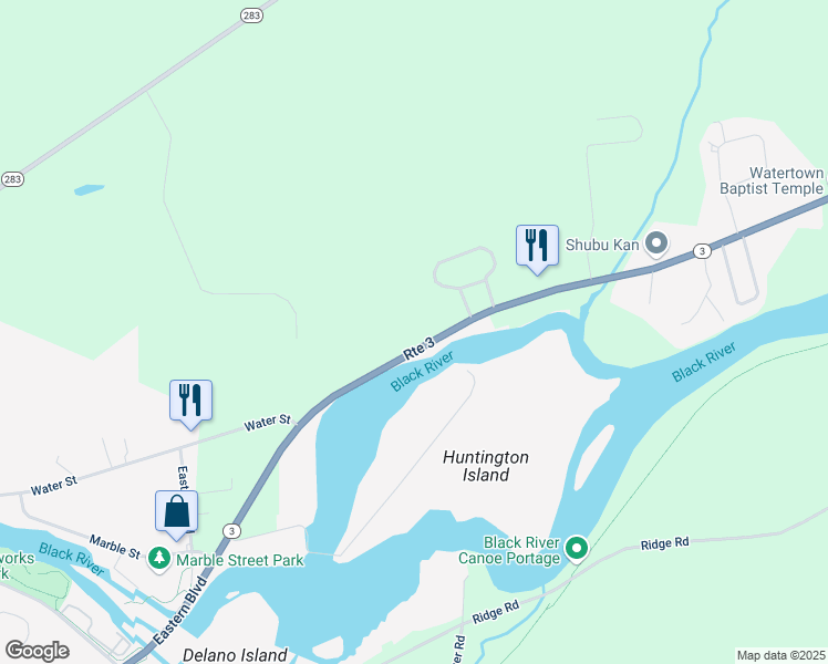 map of restaurants, bars, coffee shops, grocery stores, and more near 25355 New York 3 in Watertown