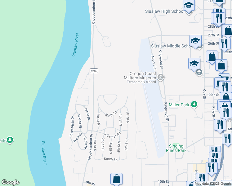 map of restaurants, bars, coffee shops, grocery stores, and more near 1600 Rhododendron Drive in Florence