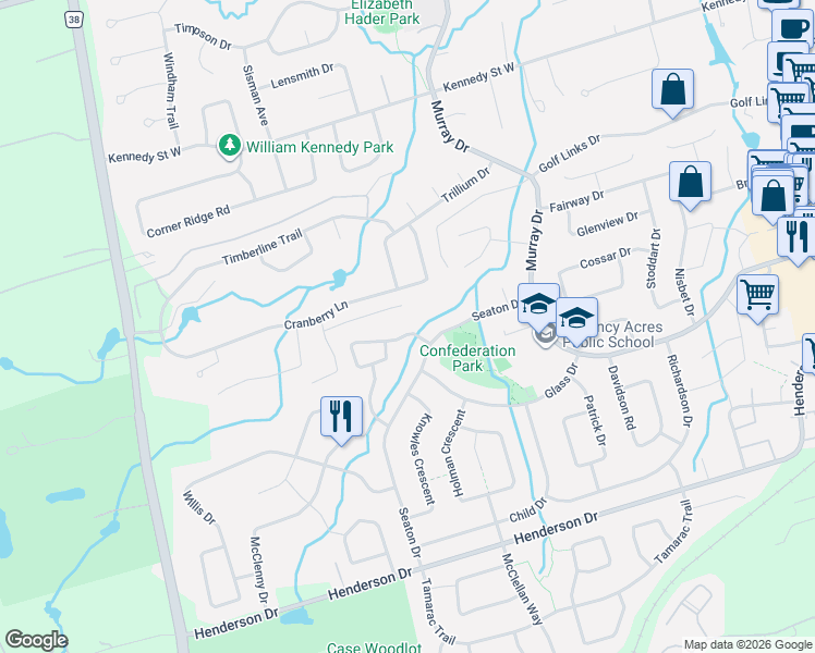map of restaurants, bars, coffee shops, grocery stores, and more near 2 Simmons Crescent in Aurora