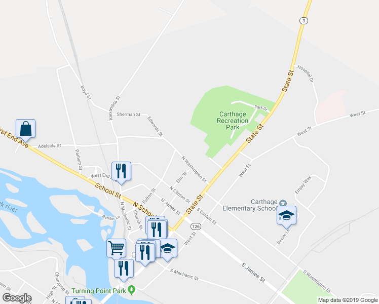 map of restaurants, bars, coffee shops, grocery stores, and more near 220 North Washington Street in Carthage